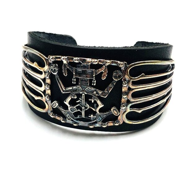 Fritz Casuse Navajo Carolyn Pollack Black Leather Sterling Silver Cuff Bracelet - Picture 1 of 4